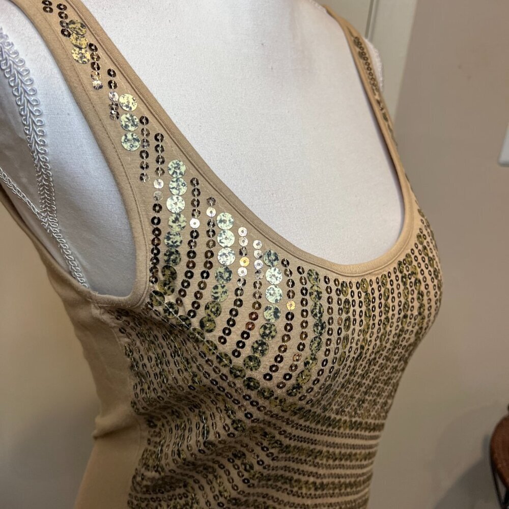 Cache Tan With Gold Sequins Tank Top, Size Small - image 6